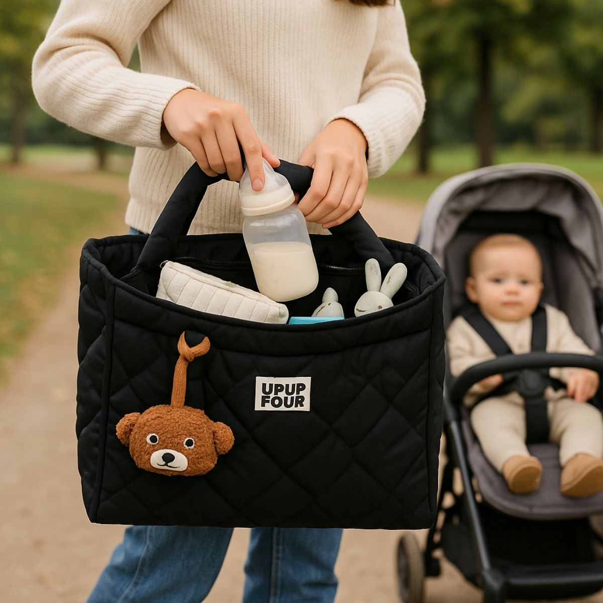 Sac a langer noir matelasse porte en exterieur, pratique pour organiser les affaires de bebe lors des sorties