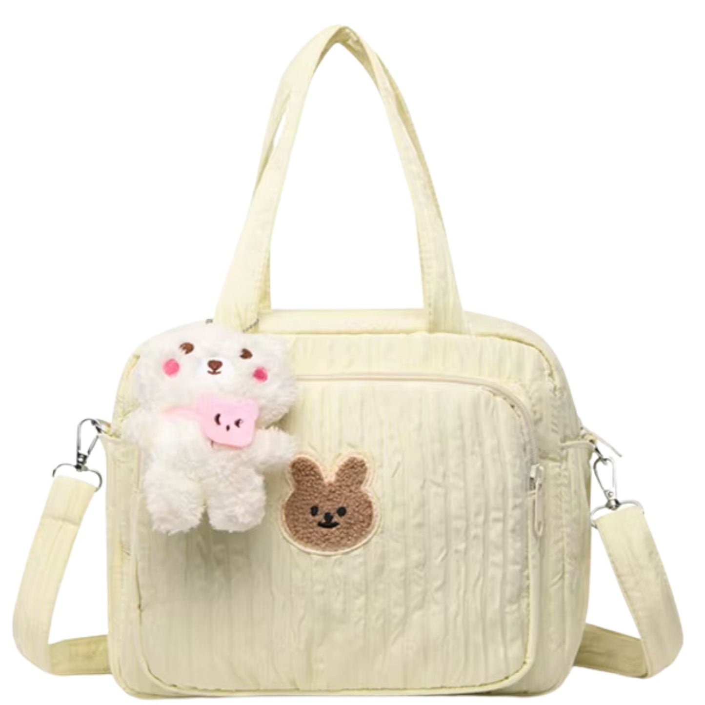 Sac a langer jaune avec motif lapin brodé sur la poche frontale et anses renforcées