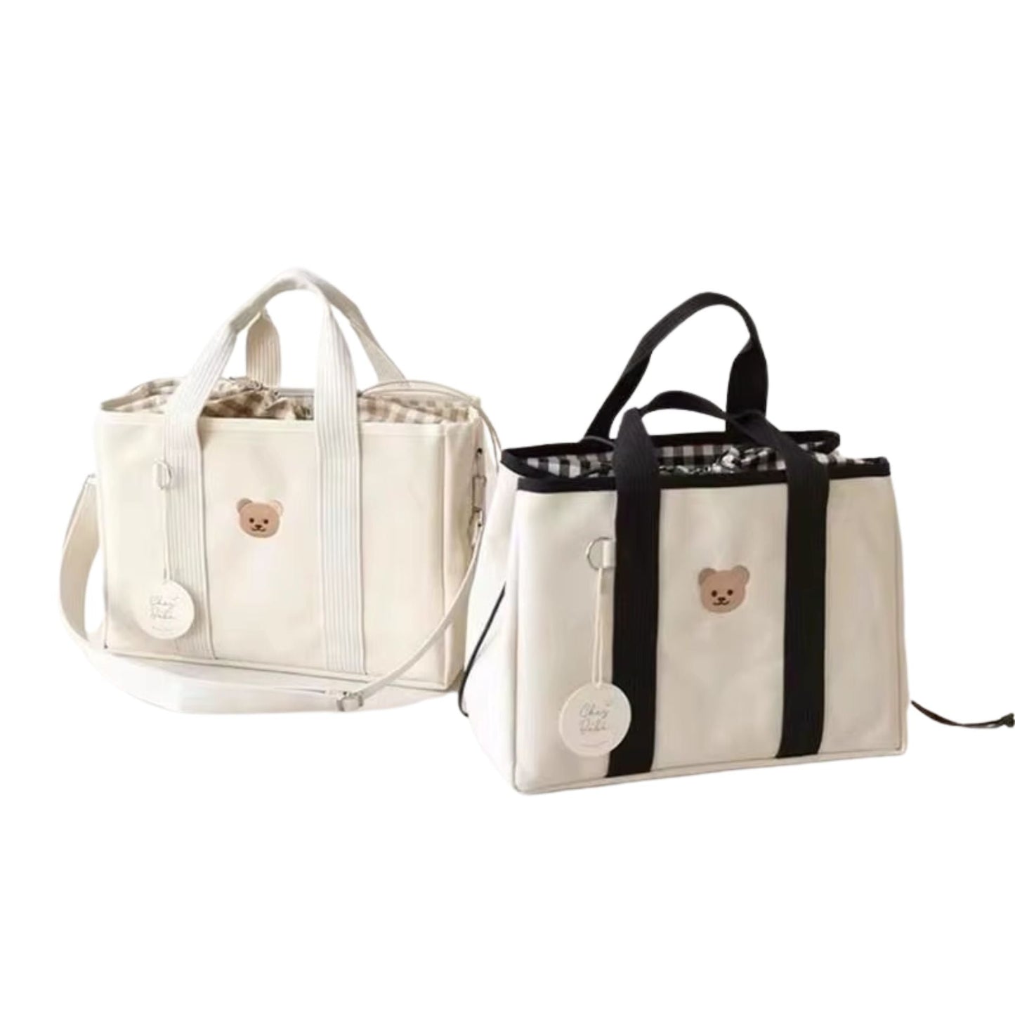 Sac a langer en toile rigide avec ourson brodé et fermeture intérieure pratique