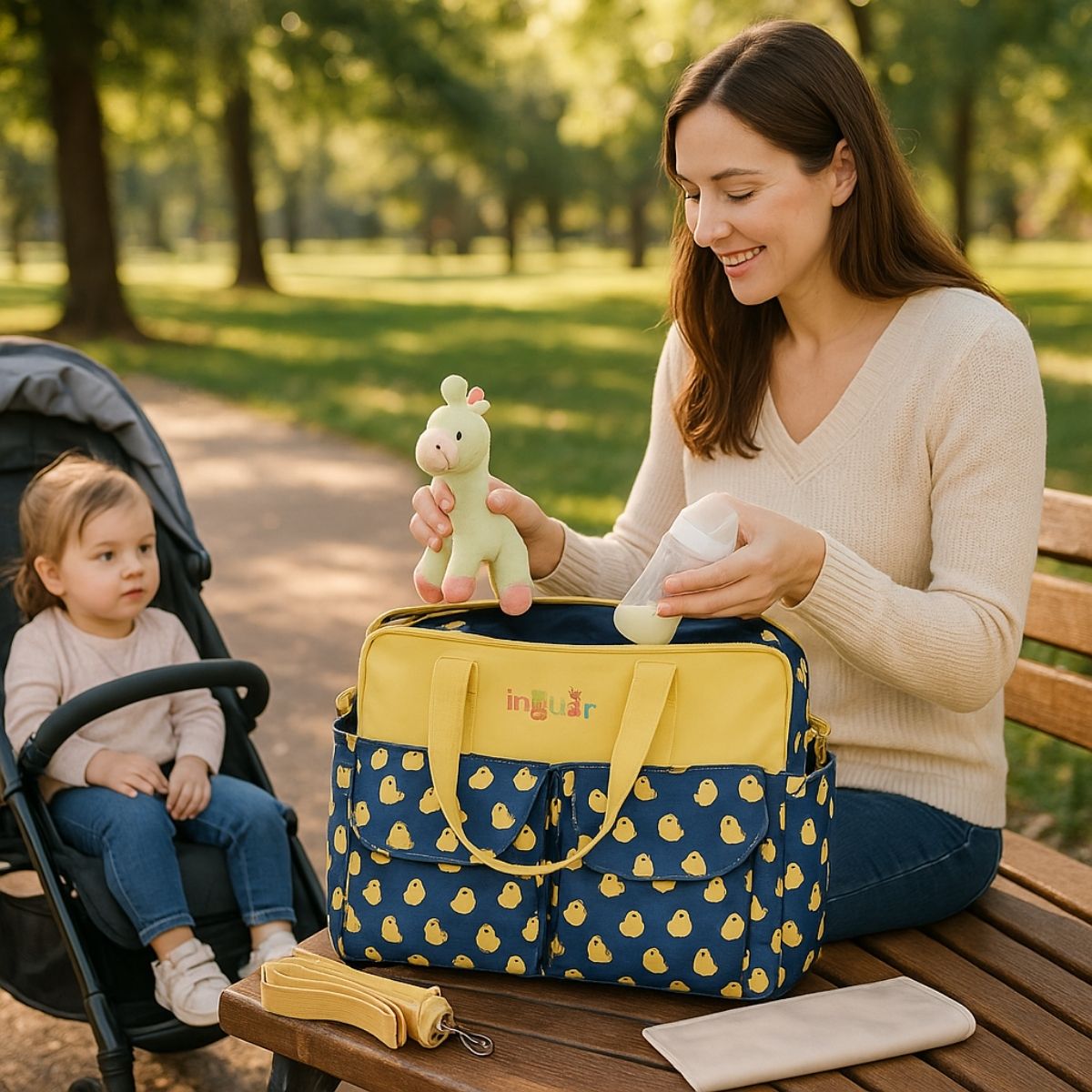 Sac de maternité motif poulet mignon jaune et bleu utilisé par une maman avec bébé au parc