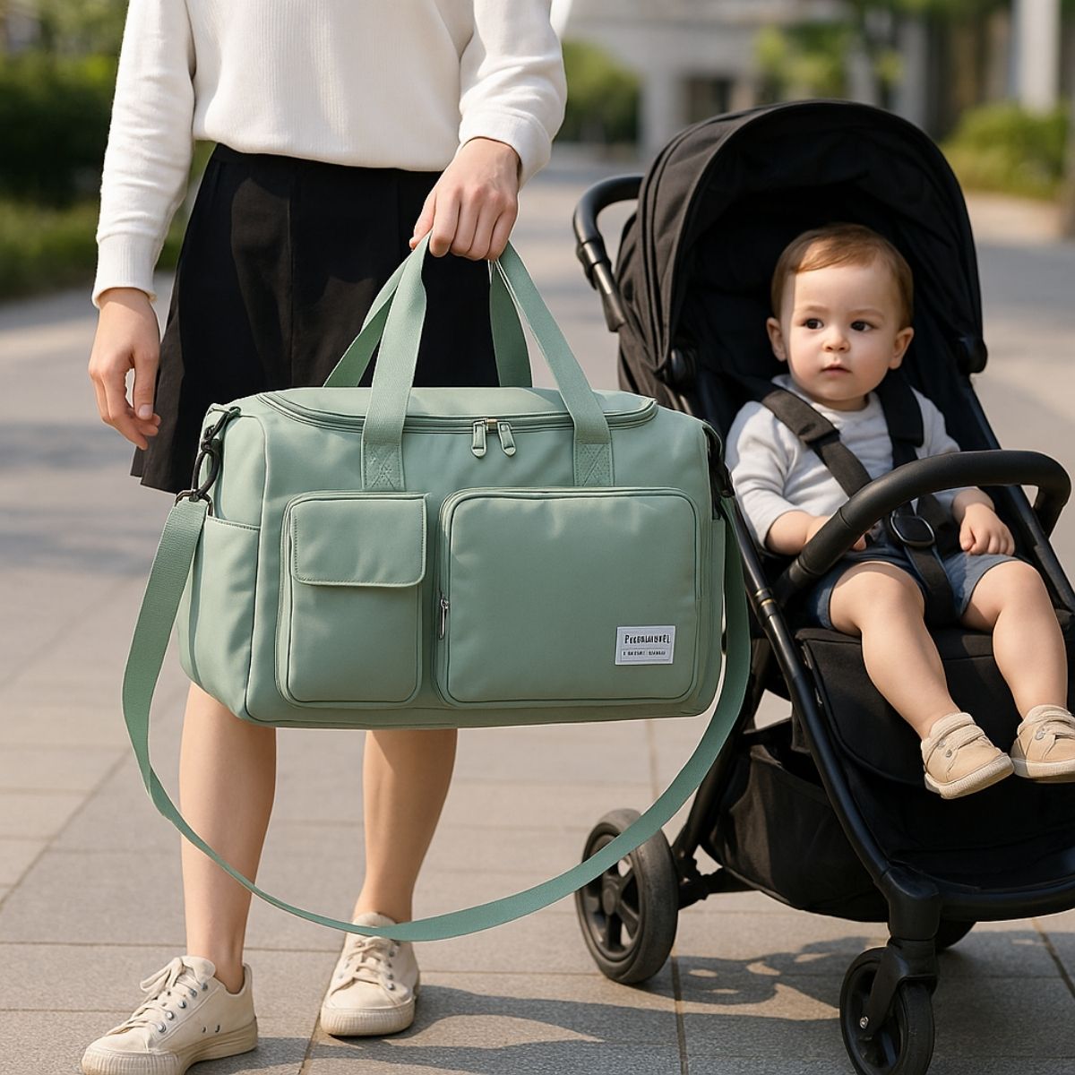 Sac maternité vert clair porté près d’une poussette avec bébé