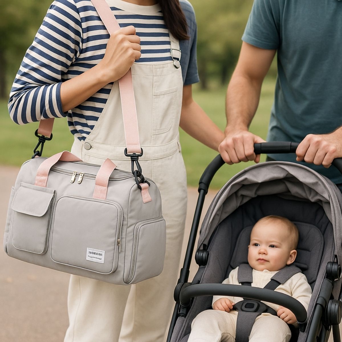 Sac maternité rose grisé porté en bandoulière par une femme à côté d’une poussette avec bébé