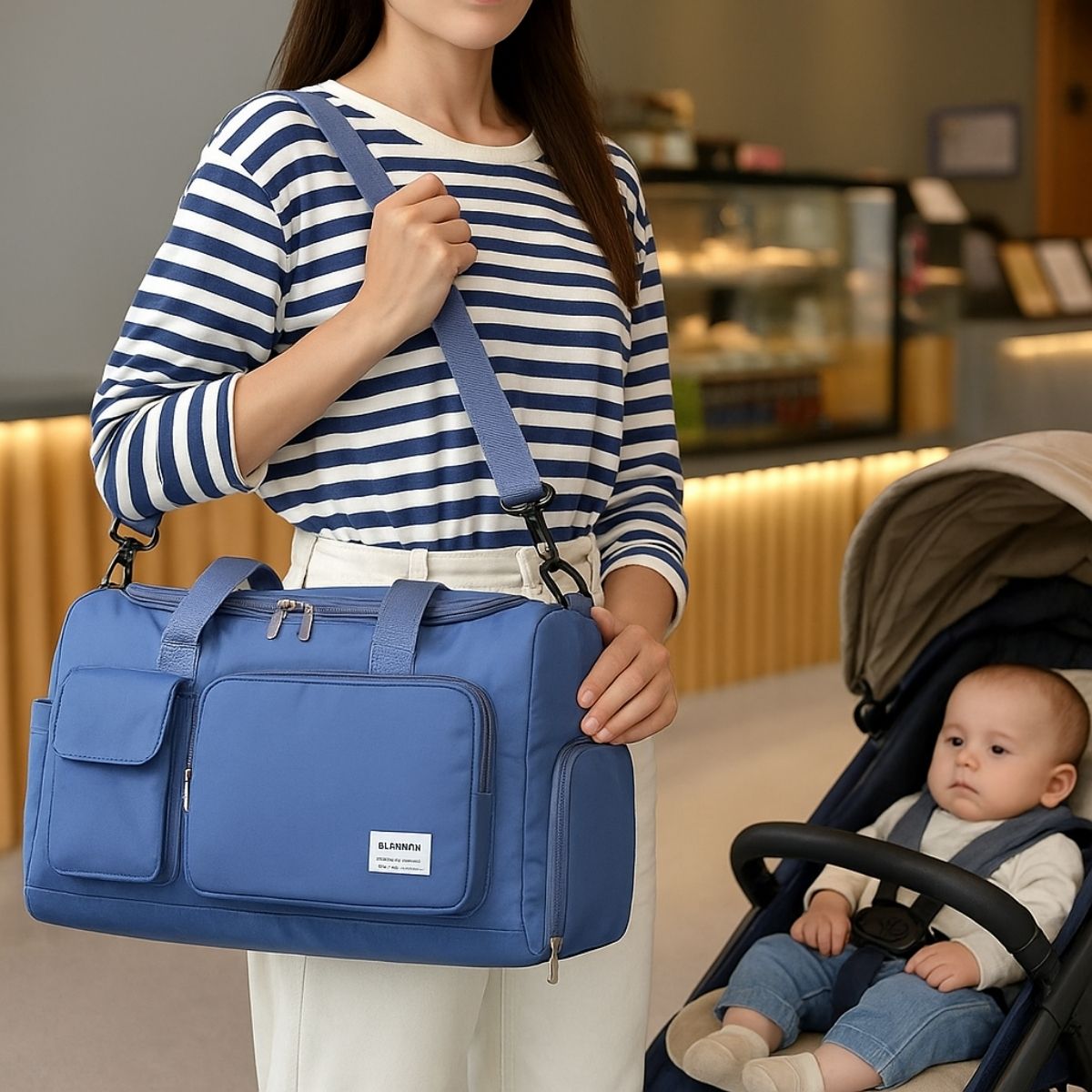 Femme portant un sac maternité bleu en bandoulière à côté d’une poussette avec bébé