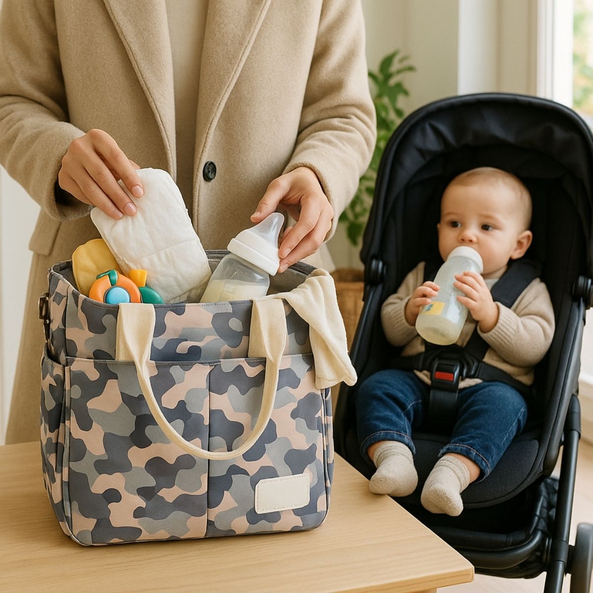 Sac pour maternité camouflage pastel ouvert sur une table avec accessoires et bébé à côté