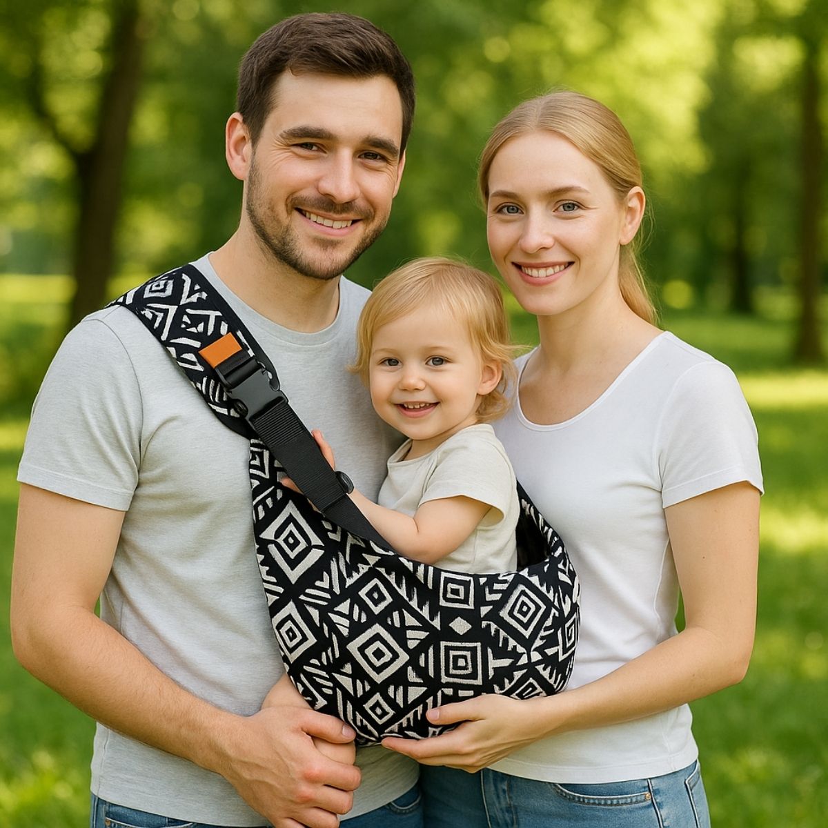 Sling echarpe de portage noir et blanc version famille, porte par papa et maman avec leur enfant.