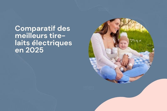 comparatif tire lait électrique 2025 avec maman allaitante portant un tire-lait mains libres, assise avec son bébé sur une couverture de pique-nique