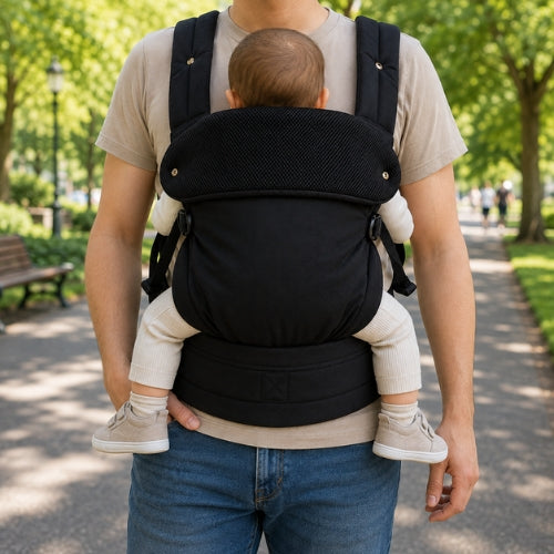 Porte bébé ventral et dorsal noir porté face à face lors d’une promenade au parc