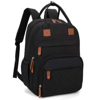 Sac à dos à langer présenté de face avec deux poches zippées visibles