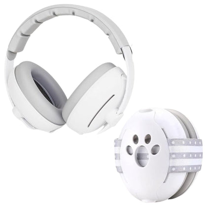 Casque anti bruit bébé blanc posé en face avec design ergonomique pour nourrisson