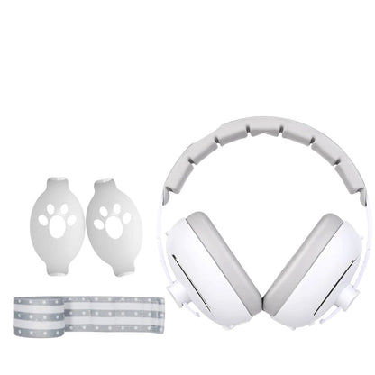 Casque anti bruit bébé blanc vu de face avec arceau souple et coussinets arrondis