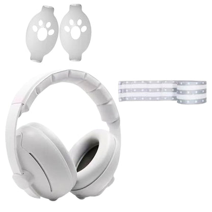 Casque anti bruit bébé blanc en position frontale, coussinets visibles et arceau fin