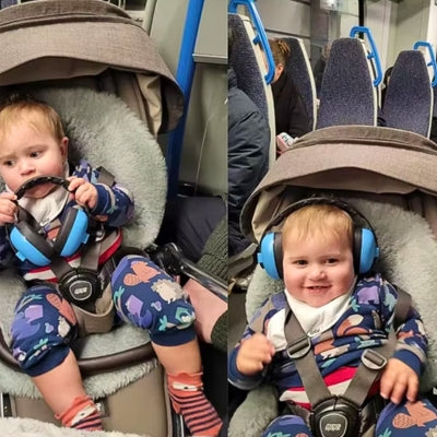 Casque antibruit bleu pour bébé, léger et facile à transporter, idéal pour les sorties familiales avec QuietNest