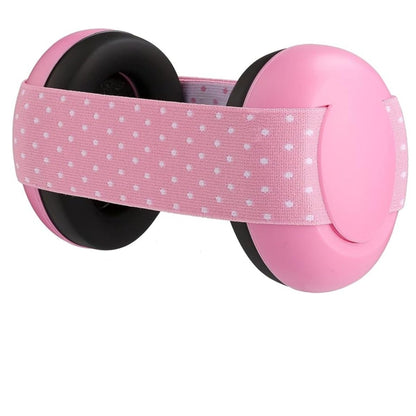 Casque anti bruit bebe rose en face, structure compacte et coussinets visibles