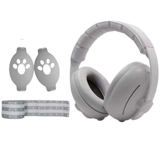 Casque anti bruit bébé gris vu de face avec coussinets épais et arceau rembourré
