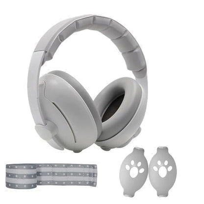 Vue frontale du casque anti bruit bébé gris avec design ergonomique et finition douce