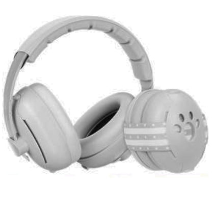 Casque anti bruit bébé gris posé de face, arceau souple et oreillettes bien formées