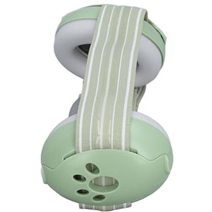 Vue frontale du casque anti bruit bébé vert avec structure arrondie et légère