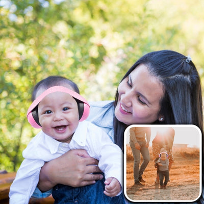 Casque antibruit bébé rose conçu pour protéger les oreilles fragiles lors des sorties en famille dans des environnements bruyants