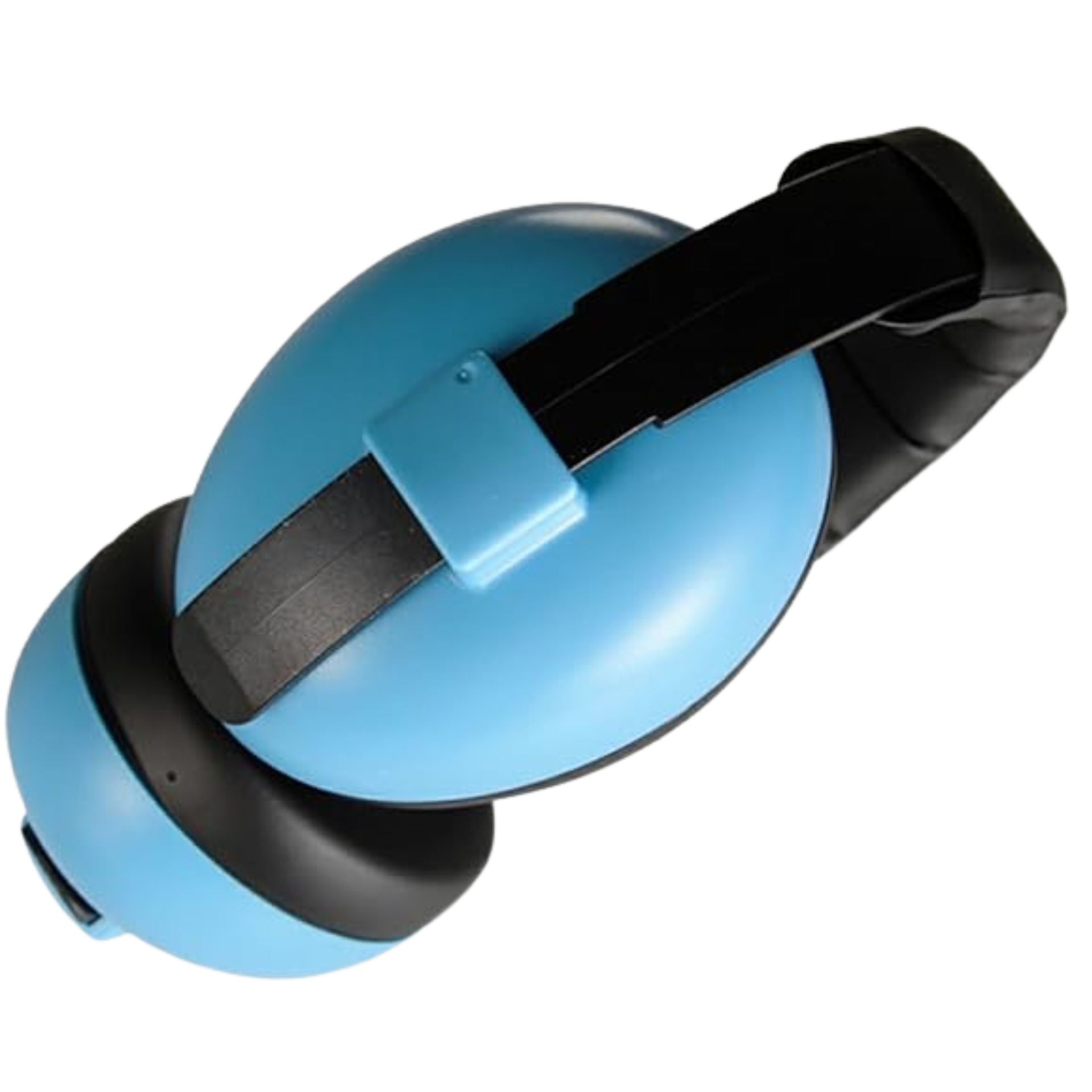 Casque anti bruit bébé posé en face avec arceau rembourré et coussinets moelleux 