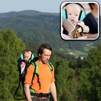 Casque antibruit bébé vert, offrant un calme absolu pendant les randonnées en montagne avec CalmProtect