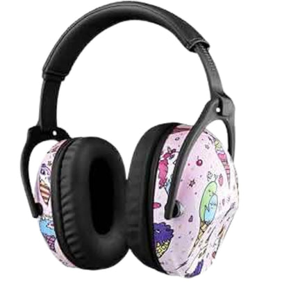 Casque anti bruit enfant vu de face, structure souple et coussinets apparents