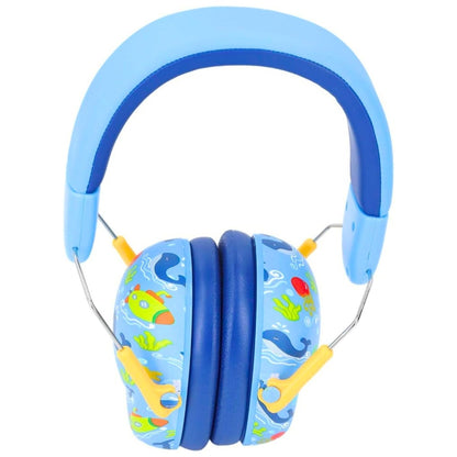 Casque anti bruit pour bebe bleu avec arceau matelassé et coques illustrées de sous-marins et animaux marins