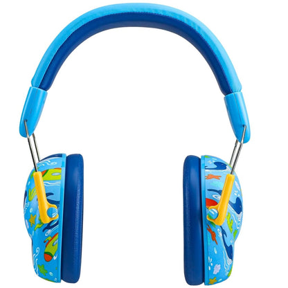 Casque anti bruit pour bebe vu de face, arceau bleu clair, coques illustrées de baleines et sous-marins sur fond bleu océan