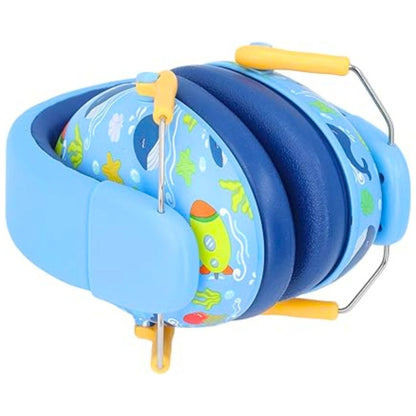 Casque anti bruit pour bebe entièrement replié, arceau souple et coques décorées de motifs marins enfantins
