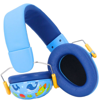 Casque anti bruit pour bebe bleu ouvert, coussinets doux visibles, coques décorées avec des dessins marins ludiques.
