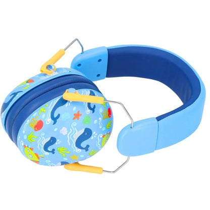 Casque anti bruit pour bebe en position semi-pliée, avec impressions ludiques colorées et arceau bleu rembourré.