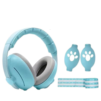 Casque anti bruit pour bebe bleu avec coussinets gris, accessoires en forme de patte et bande à pois.