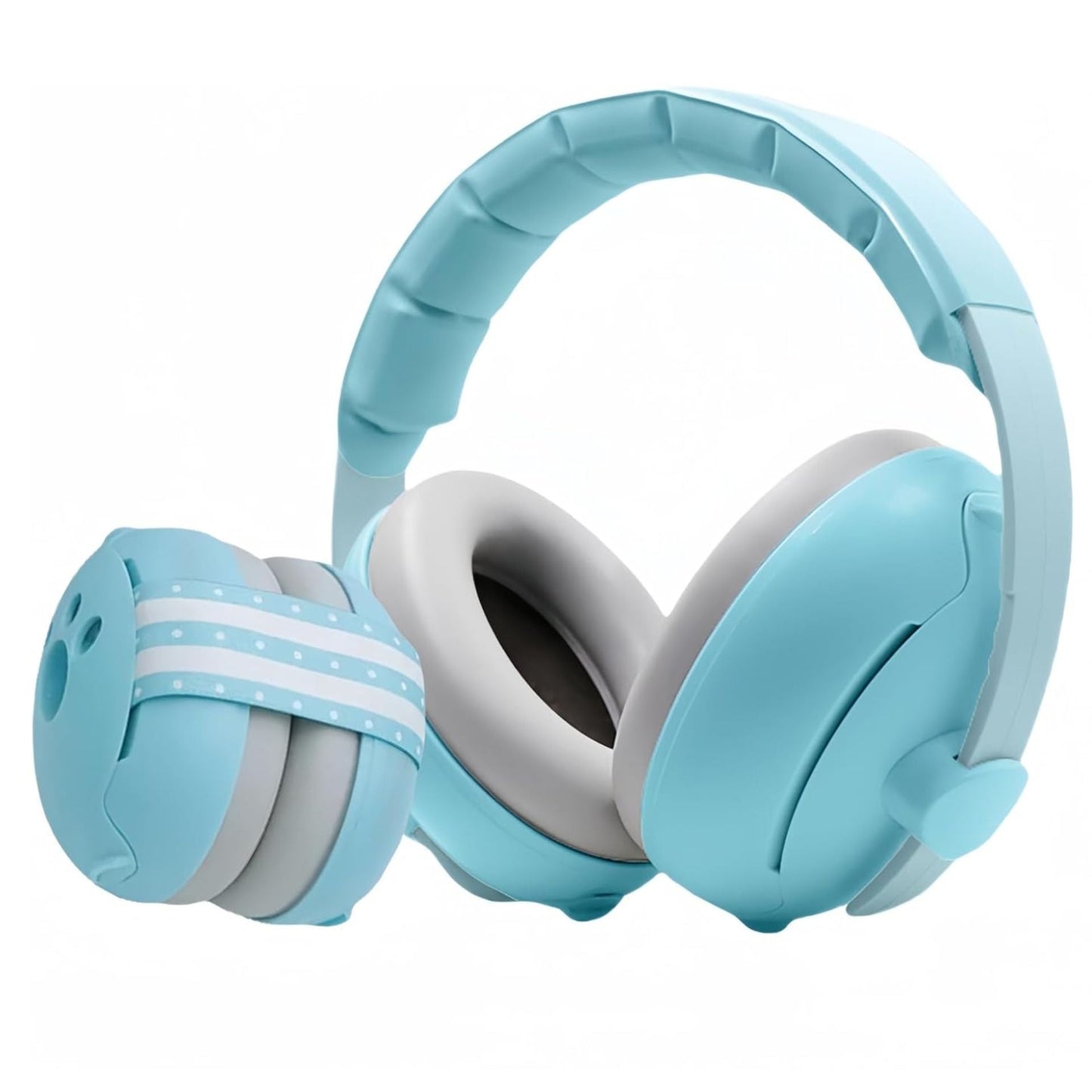 Casque anti bruit pour bebe bleu ciel ouvert, avec version pliée en arrière-plan, bande à pois visible.