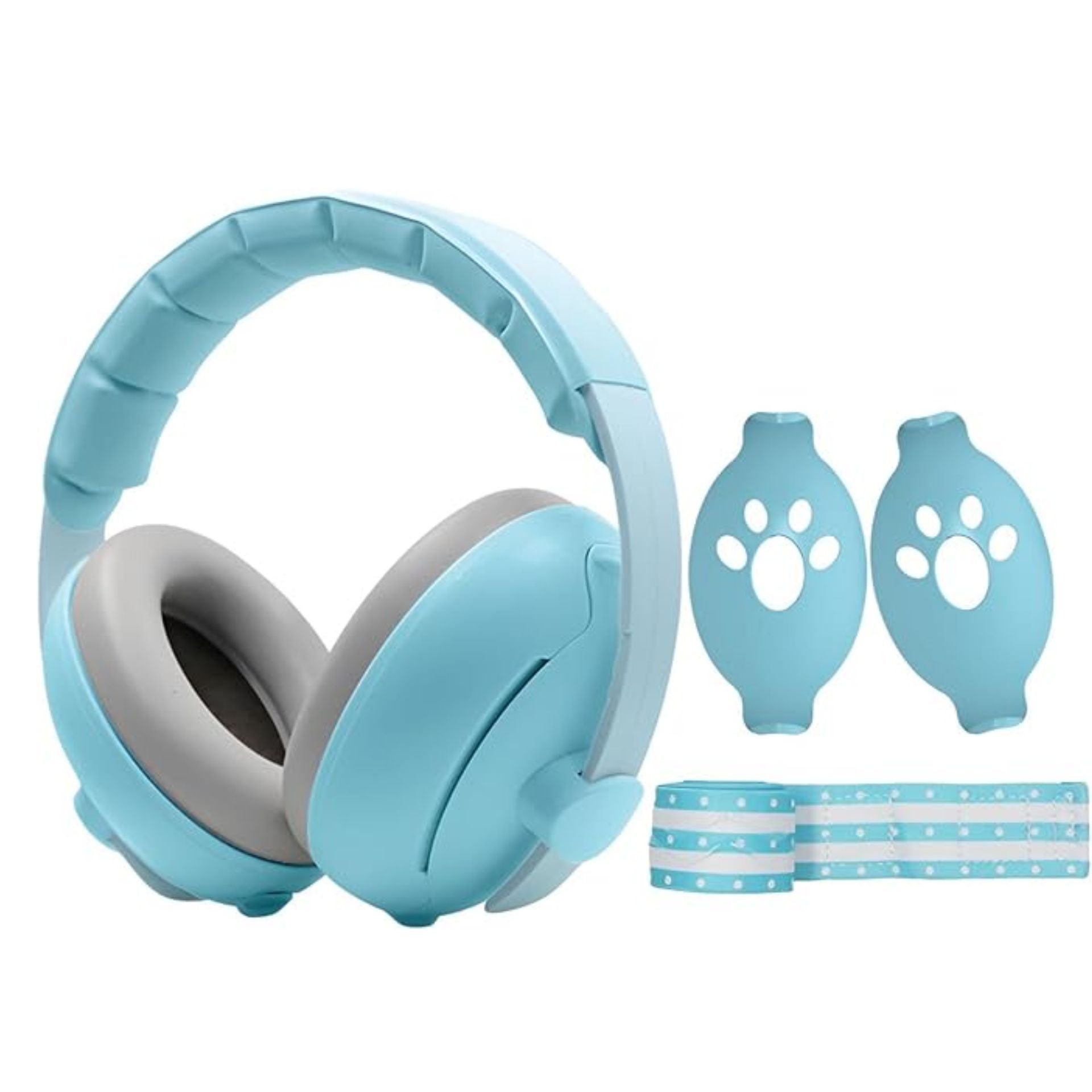 Casque anti bruit pour bebe bleu avec coussinets gris, deux coques décoratives et bande bleue à pois blancs