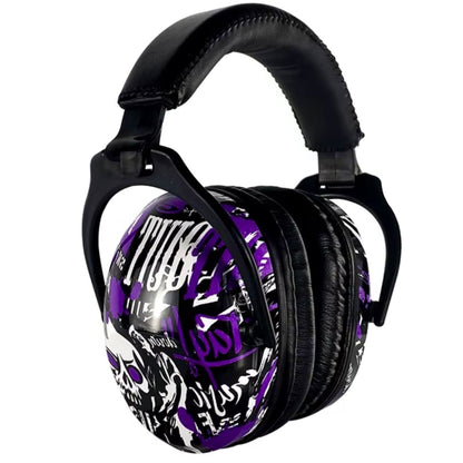 Casque antibruit enfant violet et noir avec motif graphique latéral