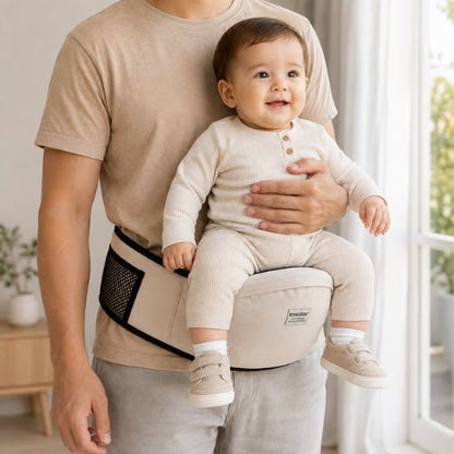 Ceinture porte bebe beige avec tabouret de hanche, enfant face vers l’avant en intérieur