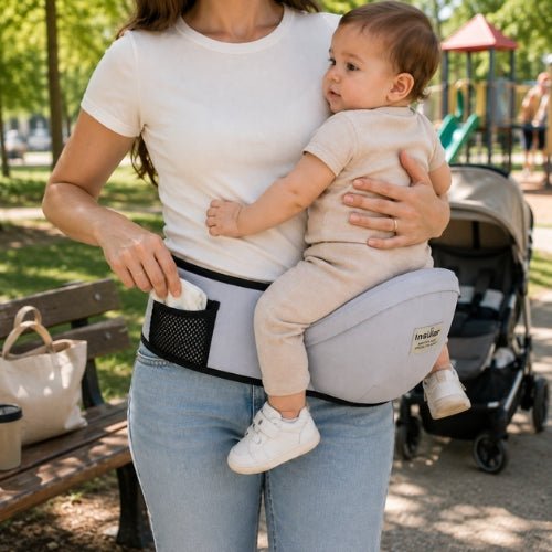 Porte bebe tabouret gris clair avec assise de hanche, enfant face au porteur près d’une poussette