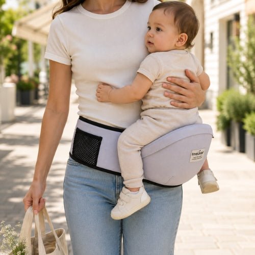 Ceinture porte bebe gris clair avec tabouret de hanche, enfant face au porteur en extérieur