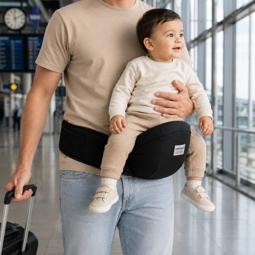 Porte bebe tabouret noir avec assise de hanche, enfant face vers l’avant dans un aéroport