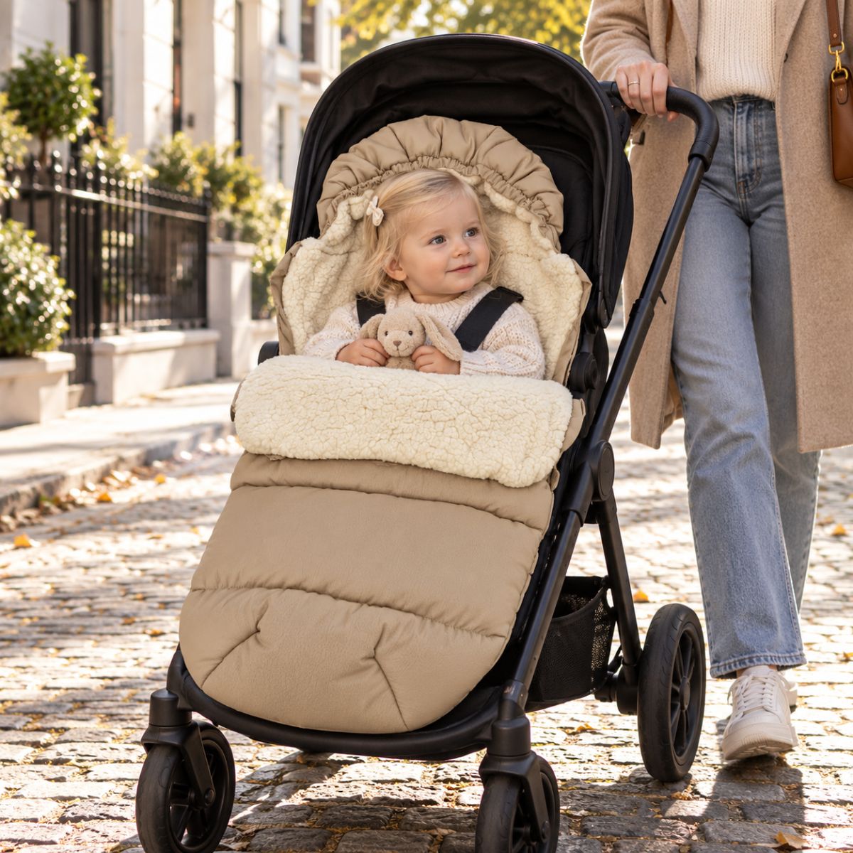 Chancelière avec capuche beige et doublure sherpa installée sur une poussette en promenade