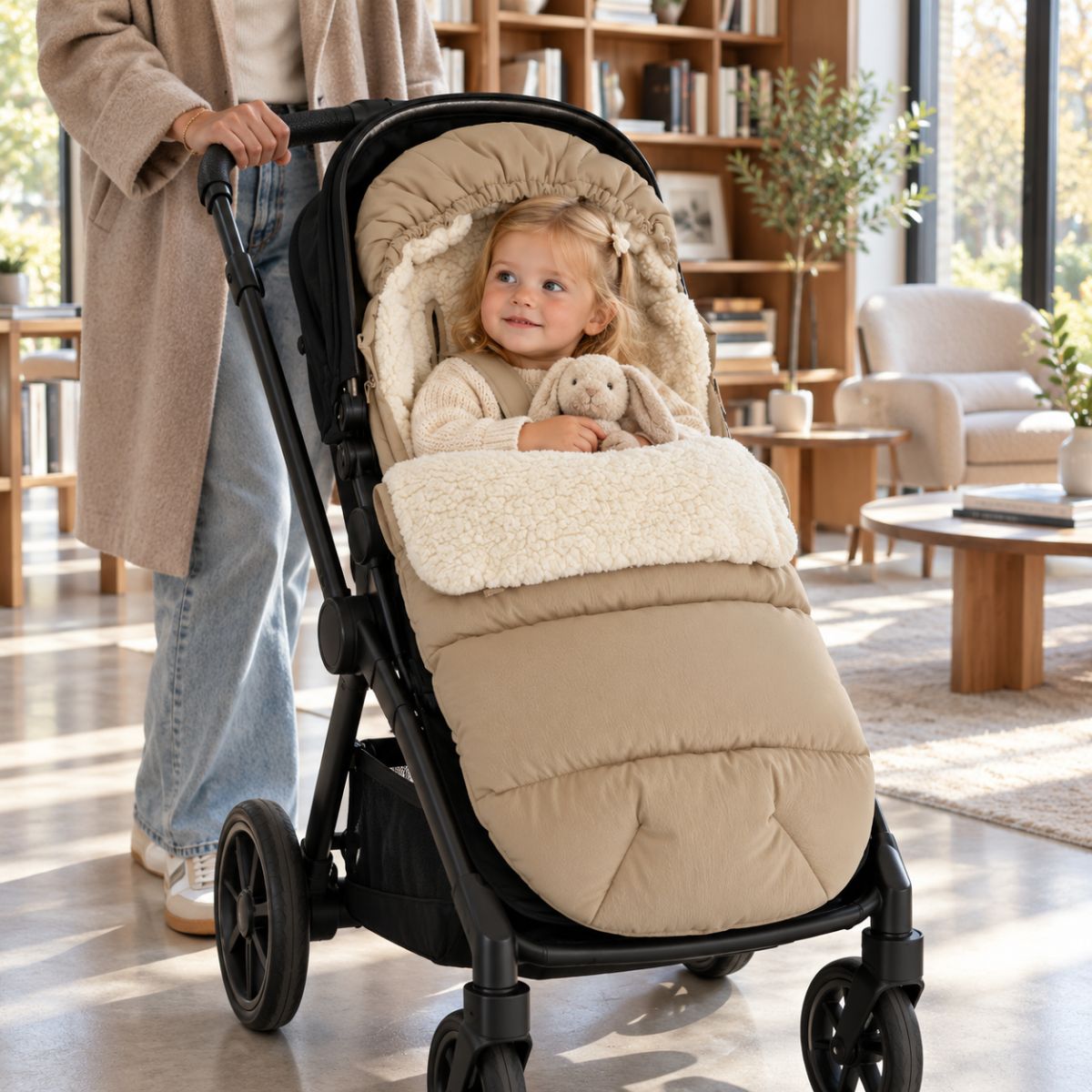 Chancelière avec capuche beige et doublure sherpa sur poussette avec bébé en intérieur