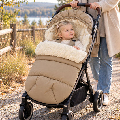 Chancelière avec capuche beige et doublure sherpa sur poussette avec bébé au bord du lac