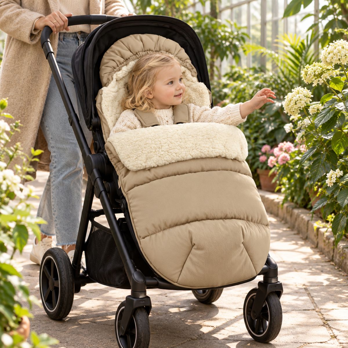 Chancelière avec capuche beige sur poussette avec bébé lors d’une promenade dans un jardin