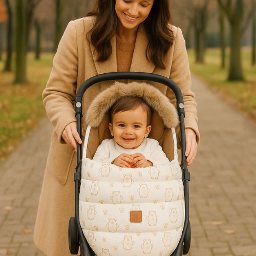 chanceliere bebe motif ourson beige, bébé souriant dans sa poussette en balade hivernale