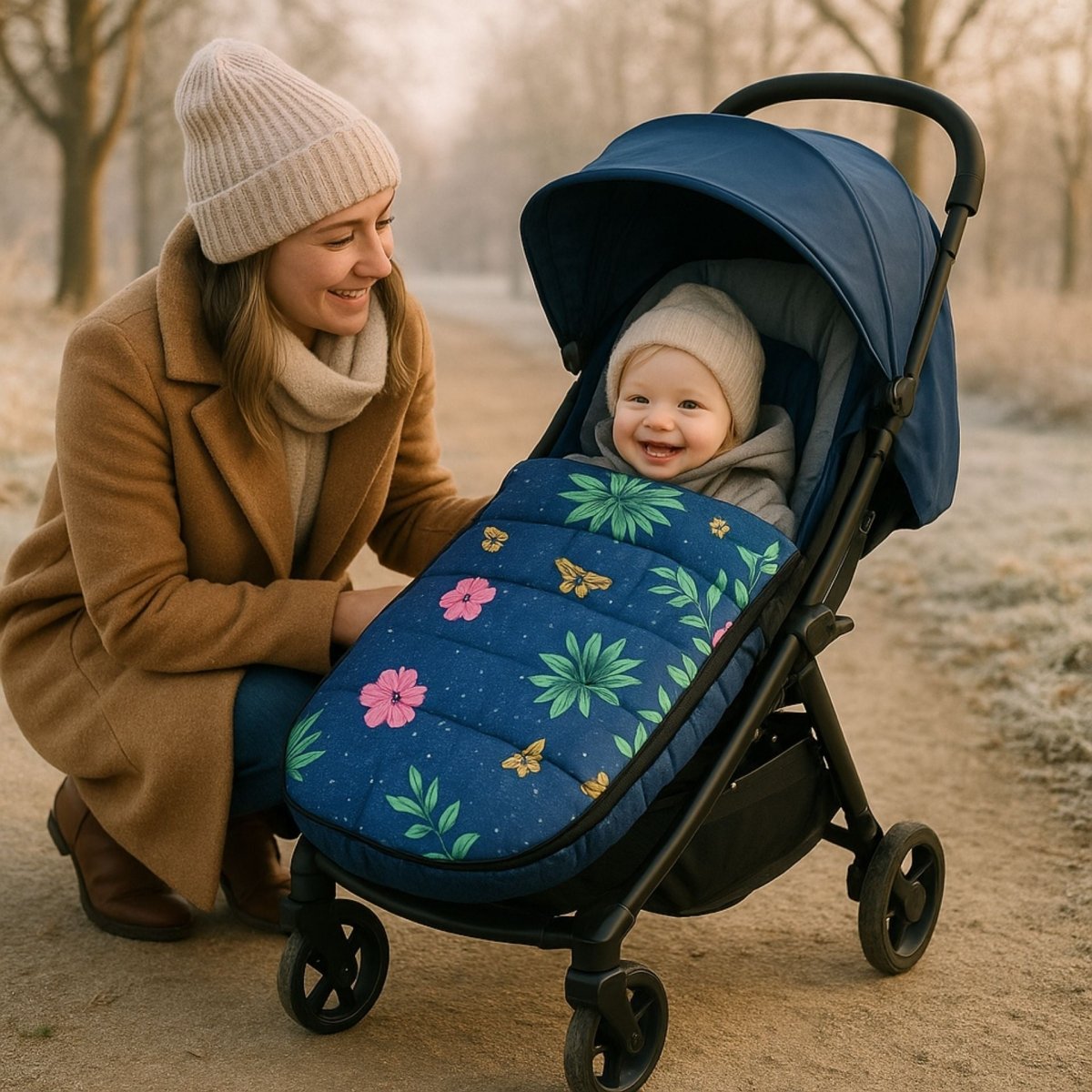 Chanceliere bebe fleurie dans un parc d’hiver avec bébé souriant