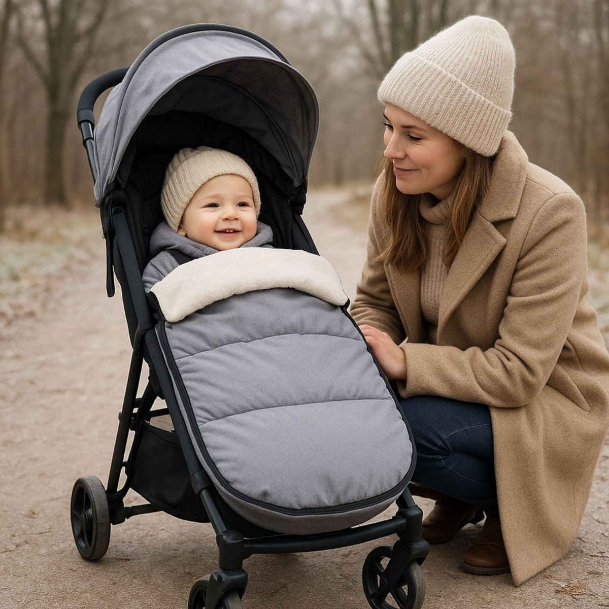 Maman et bébé utilisant la chanceliere bebe grise en balade hivernale