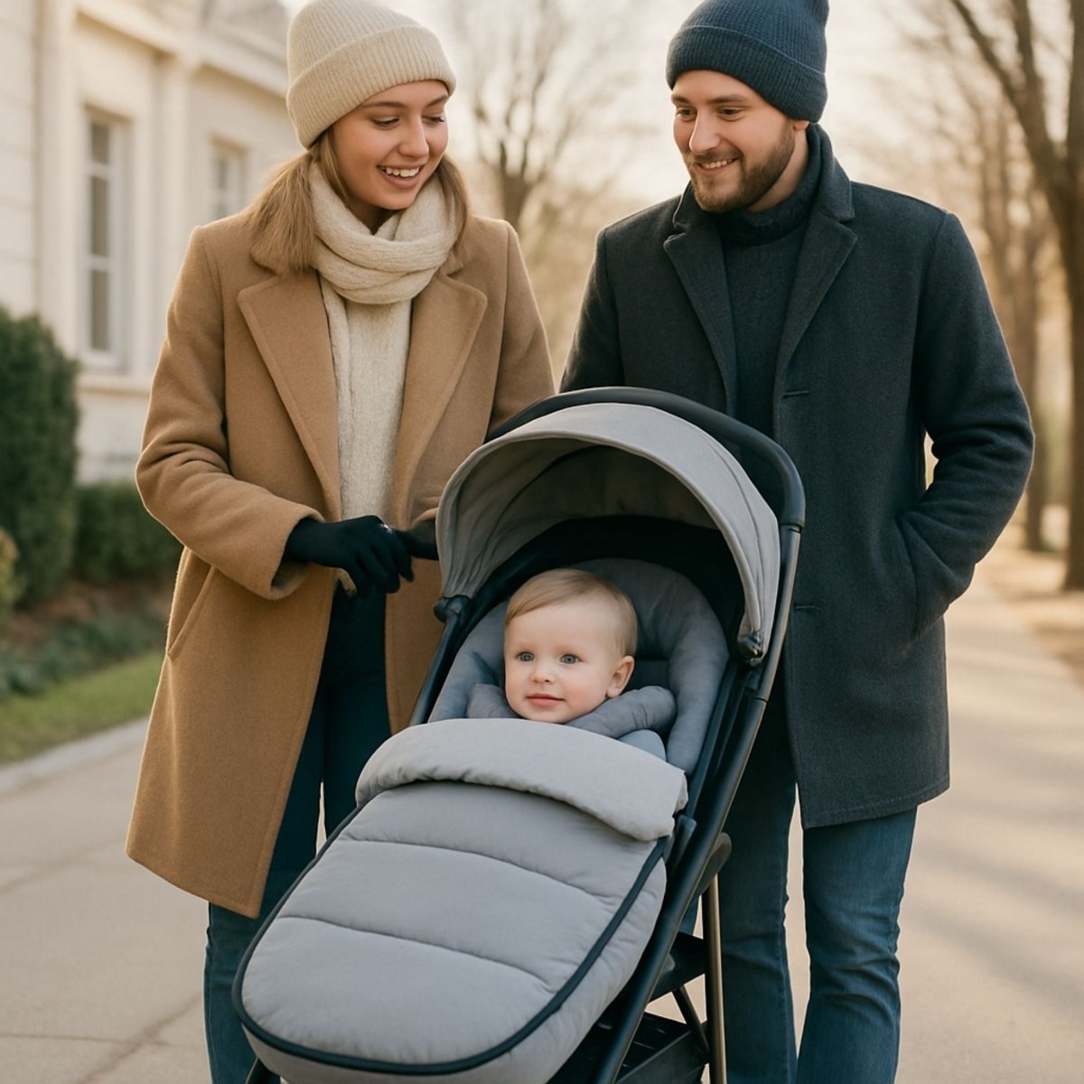 Bébé dans chanceliere bebe grise anthracite lors d’une promenade