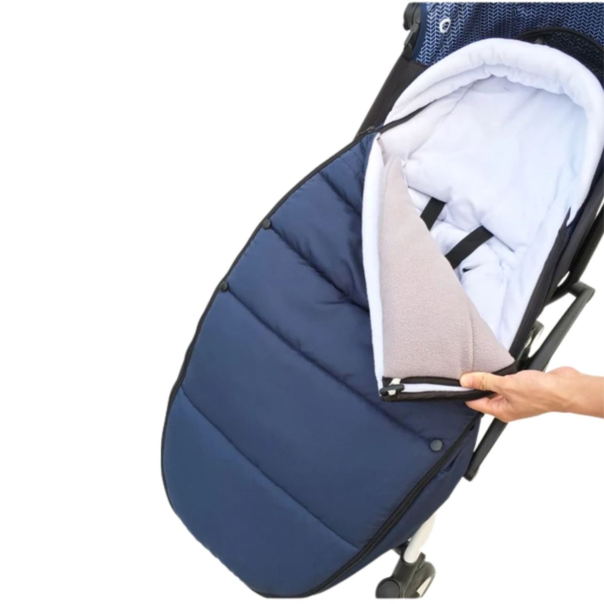 chanceliere bebe bleu foncé vue en détail avec doublure ouverte, tissu léger et respirant