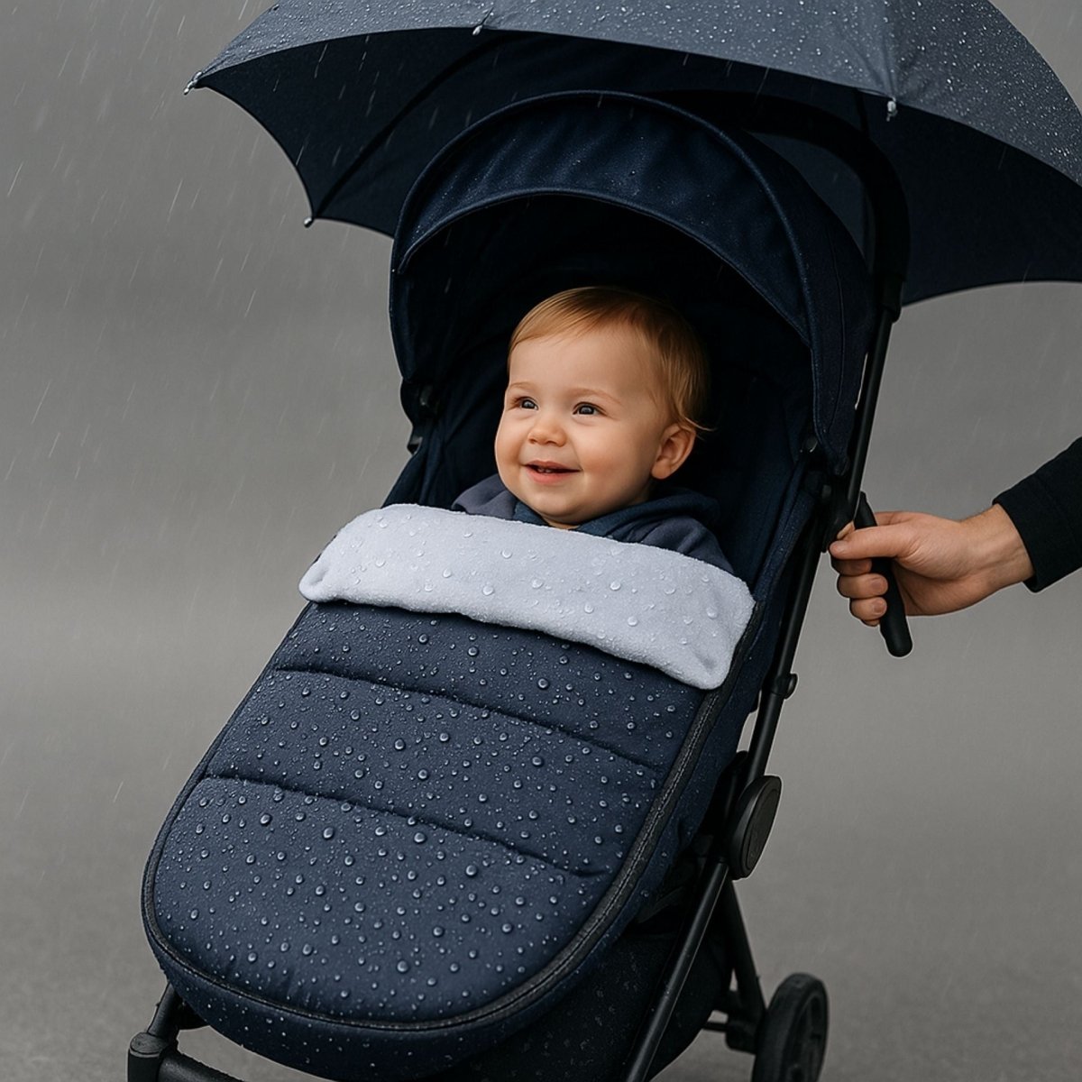 chanceliere bebe bleu foncé sous la pluie avec bébé souriant, idéale en mi-saison