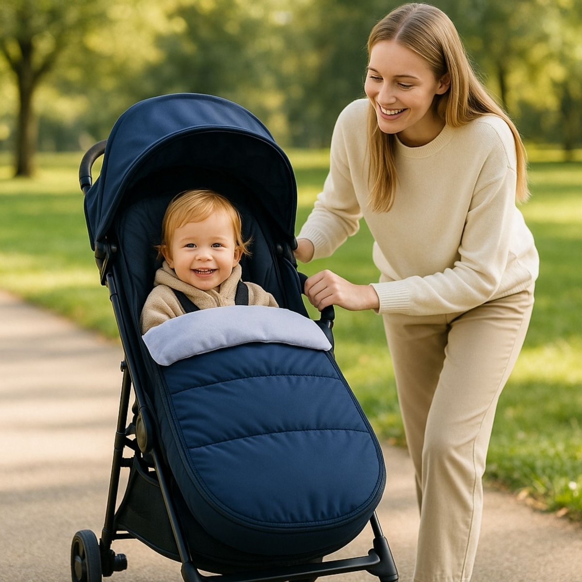 chanceliere bebe bleu foncé poussée en promenade par une maman souriante