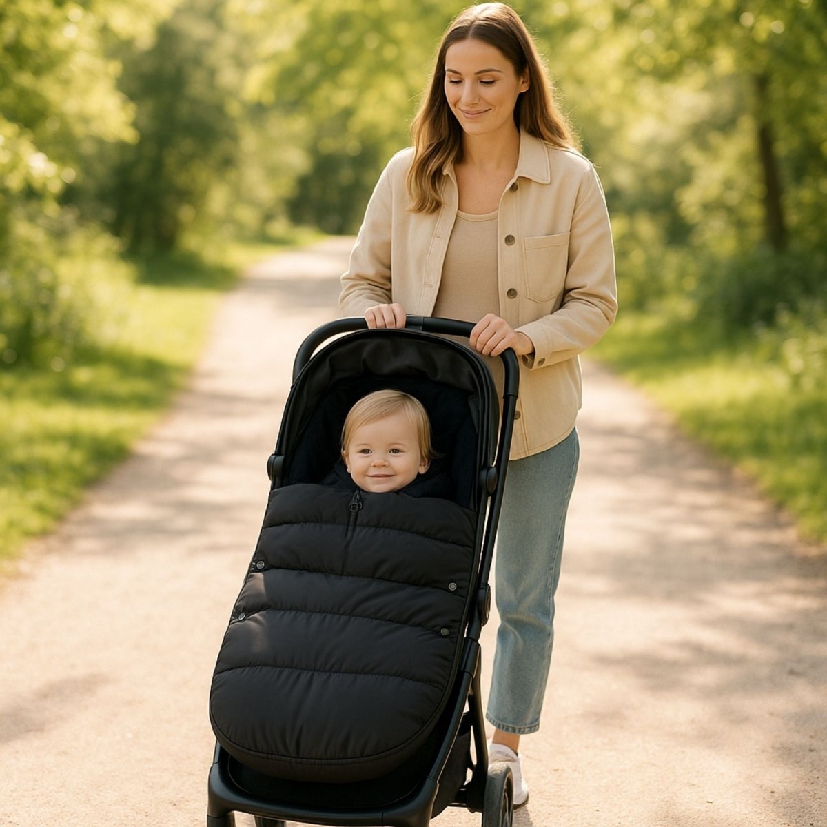 chanceliere bebe noire lors d’une balade ensoleillée avec maman, format léger visible